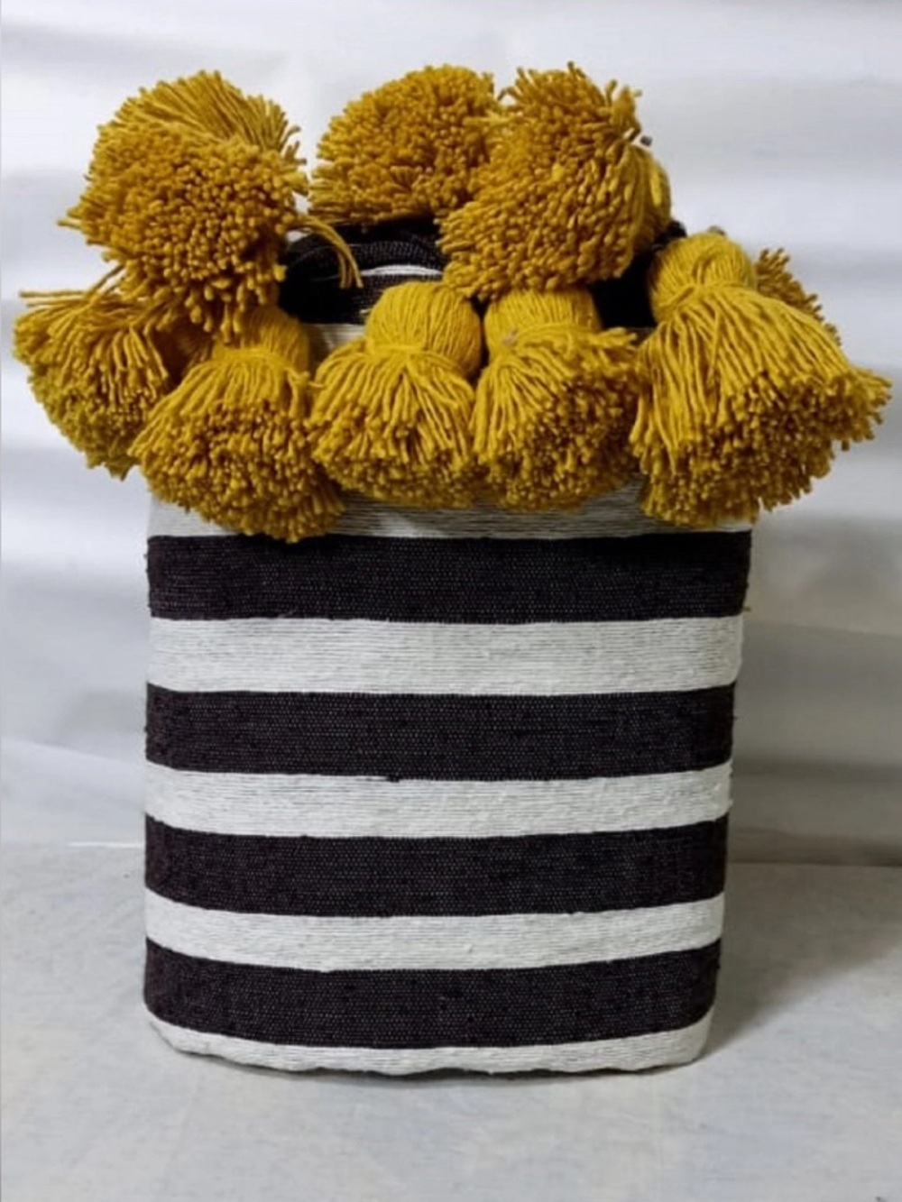 NWT Cotton black and white blanket with mustard yellow pompoms - Picture 11 of 11